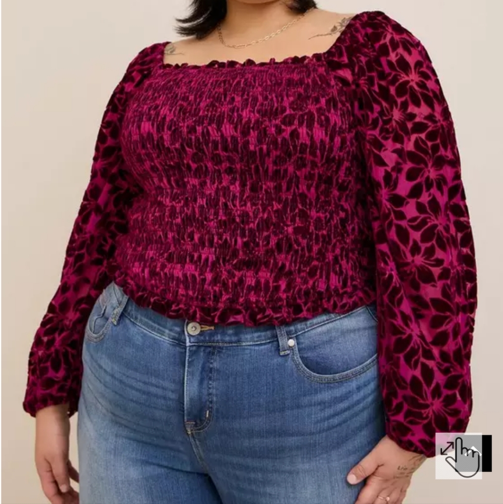 Velvet Smocked Blouson Sleeve Crop Top